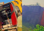বরিশাল-কুয়াকাটা মহাসড়কে নিয়ন্ত্রণ হারিয়ে বাস খাদে, ২৫ যাত্রী আহত